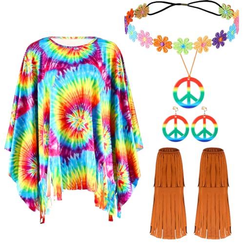 Hestya 5 Stück Mardi Gras 60er 70er Hippie Kostüm Accessoires Damen Umhang Stiefelüberzüge Stirnband Ohrringe Halskette (M) von Hestya