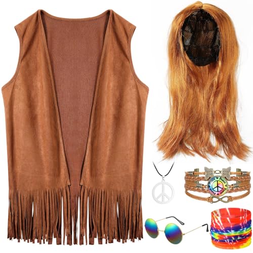 Hestya 60er 70er Hippie Kostüm Set für Herren Wildleder Stoff Hippie Fransenweste Stirnband Perücke Sonnenbrille Friedenszeichen Halskette Armband für Männer Halloween Cosplay von Hestya