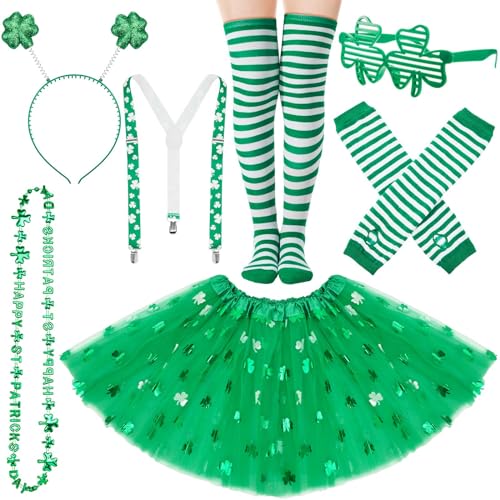 Hestya 7 Stück St. Patricks Tag Accessoires Set Klee Tutu Rock Gestreifte Kniestrümpfe Grüne Arm Manschette Kleeblatt Stirnband Party Brille Hosenträger Perlenkette für Erwachsene Parade Verkleidung Hestya 7 Stück St. Patricks Tag Accessoires Set Klee Tutu Rock Gestreifte Kniestrümpfe Grüne Arm Manschette Kleeblatt Stirnband Party Brille Hosenträger Perlenkette für Erwachsene Parade Verkleidung von Hestya