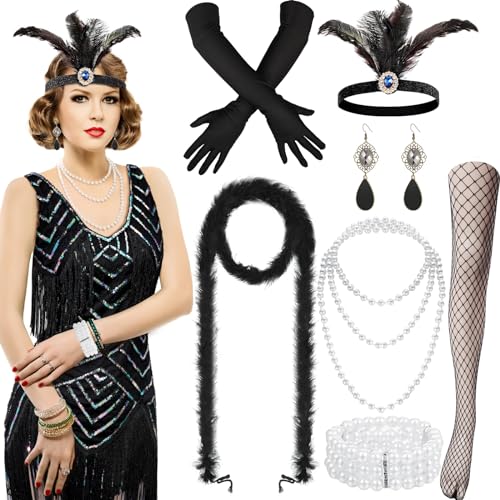 Hestya 9 Stück 1920er Jahre Damen Flapper Kleid Kostüm Set Pailletten Kleid mit Fransen 20er Halloween Zubehör (L) von Hestya