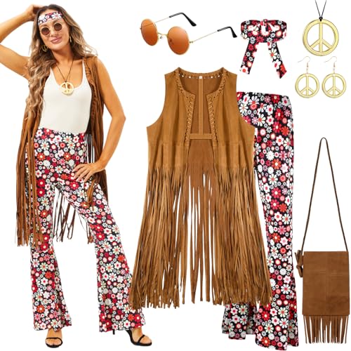 Hestya Frauen Hippie Kostüm Set Fransen Weste Schlaghose Fransen Tasche Frieden Zeichen Halskette Ohrringe Stirnband Sonnenbrille Hippie Faschingskostüm für Halloween 60er 70er Jahre Mottoparty (XL) von Hestya