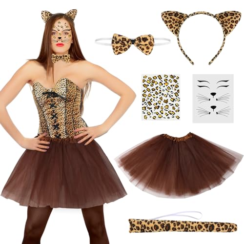 Hestya Leopard Kostüme Set Leopard Cosplay Accessoires Leoparden Tier Haarreif Krawatte Leopardenschwanz Tutu Rock Leoparden Gesichtsaufkleber für Geburtstag Zubehör Karneval Hestya Leopard Kostüme Set Leopard Cosplay Accessoires Leoparden Tier Haarreif Krawatte Leopardenschwanz Tutu Rock Leoparden Gesichtsaufkleber für Geburtstag Zubehör Karneval von Hestya