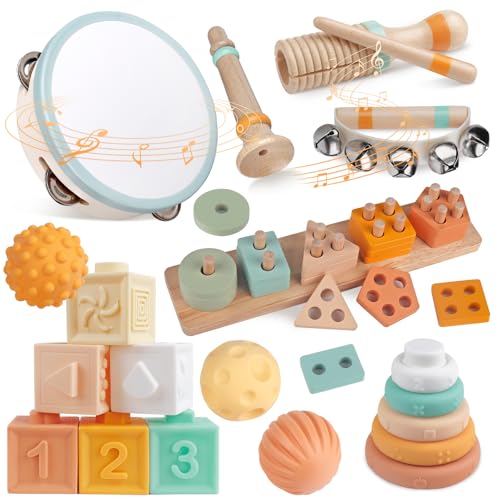 Musikinstrumente, Holz-Musikspielzeug für Kleinkinder von 1–3 Jahren, Montessori-Stapelspielzeug für Babys von 6 bis 12 Monaten, Schlaginstrumente, Musikspielzeug-Set für Kinder (neutrale Farben) von Hewaurorion