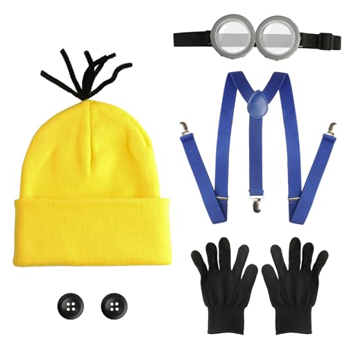 7 Set Halloween Kostüm Herren Damen Kinder, Cosplay Kostüme Halloween Mütze, Brille, Handschuhe, blaue Riemen & 2 Knöpfe, Gelbes Kostüm Set Zubehör für Cosplay Party Karneval Kostüme Erwachsene von HexinYigjly