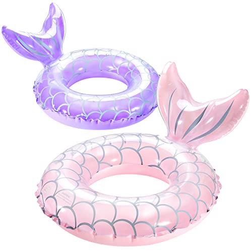 HeySplash Aufblasbarer Schwimmring, 2 Stück Schwimmreifen mit Meerjungschwanzes Form für Pool Strand, PVC Schwimm Ring für Kinder/Erwachsene mit einem Gewicht von 38-88 Lbs, Rosa+Lila von HeySplash