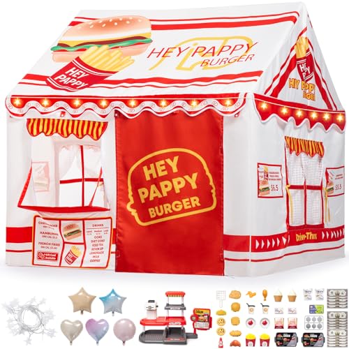Kinderzelt,Kinderspielhaus Indoor,Spielzelt für Drinnen & Draußen (123x100x123 cm) Burger-Thema mit Spielzeug-Set, 3 Fenstern, Lichtern und Ballonen von Heypappy