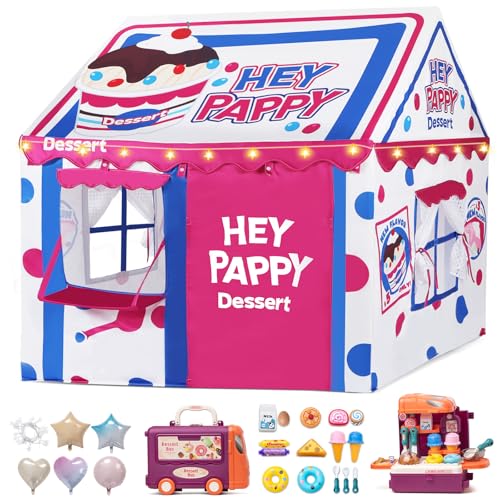 Kinderzelt,Kinderspielhaus Indoor,Spielzelt für Drinnen & Draußen (123x100x123 cm) Dessert-Thema mit Spielzeug-Set, 3 Fenstern, Lichtern und Ballonen von Heypappy