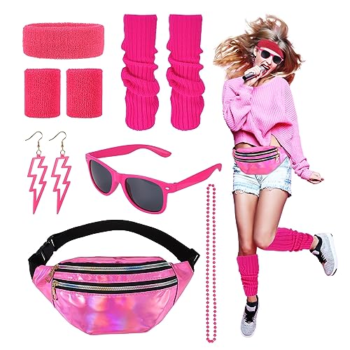 Heyu-Lotus 80er Jahre Outfit Damen, 90er Jahre Kostüm Kleidung Accessoires mit Bauchtasche, Stirnband, Beinwärmer, Armbänder, Brille und Ohrring für Karneval Neon Party von Heyu-Lotus