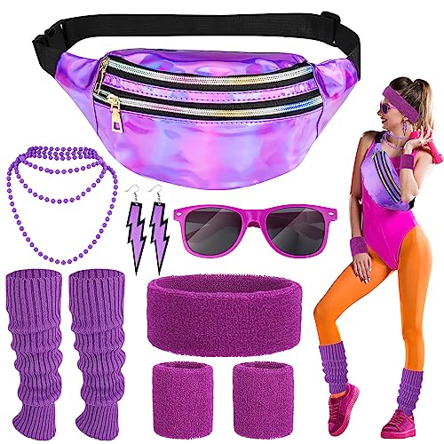 Heyu-Lotus 80er Jahre Outfit Damen Set Enthalten Ohrring Halskette Bauchtasche Stirnband Armband Sonnenbrille Beinlinge 80er Jahre Kleidung Kostüm Neon Accessoires für Karneval Thema Party von Heyu-Lotus