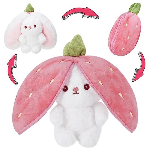 Heyu-Lotus Hasen Verstecken,Gefülltes Kaninchen mit Karotten und Erdbeeren, 24cm Hasen Verstecken Und Suchen,Karotten-Erdbeer-Häschen-Kissen, gefülltes Hasentier mit Karotte für Kinder von YJDayy