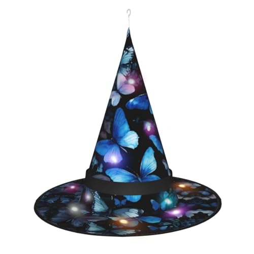Hgvcse Halloweenblue Schmetterlinge weiße Blumen Hexenhut Party Led Steeple Top Kostüm Zubehör Weihnachten Geburtstag faltbar spitz von Hgvcse