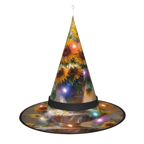 Hgvcse Halloweenoil Gemälde Sonnenblume Hexenhut Party Led Steeple Top Kostüm Zubehör Weihnachten Geburtstag Faltbar Spitz von Hgvcse