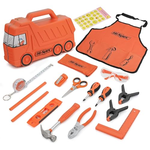 Hi-Spec 17-TLG. Kinder-Werkzeugset Oranger Werkyeugkoffer in LKW Form. mit Stickern, Schürze, Schutzbrille, Wasserwaage und Handwerkzeugen in Kindergröße Nicht nur Spielzeug - echtes Werkzeug! von Hi-Spec