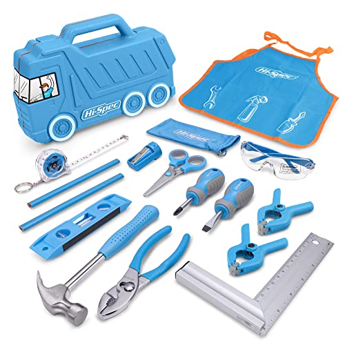 Hi-Spec 17-TLG. Echter Werkzeugkoffer für Kinder in Blauer LKW Box mit Kinderschürze, Schutzbrille, Wasserwaage, Handwerkzeuge, Sicherheitsschere. Nicht nur Spielwerkzeug - Echtes Kinder Werkzeugset! von Hi-Spec