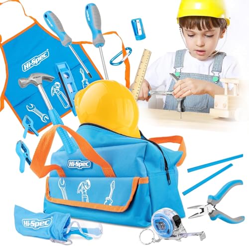 Hi-Spec 18-TLG. Kinder-Werkzeugset mit echten Handwerkzeugen, einschließlich Schutzbrille und Spielzeughelm Kinderwerkzeug echt – Alles in Einer praktischen Aufbewahrungstasche von Hi-Spec