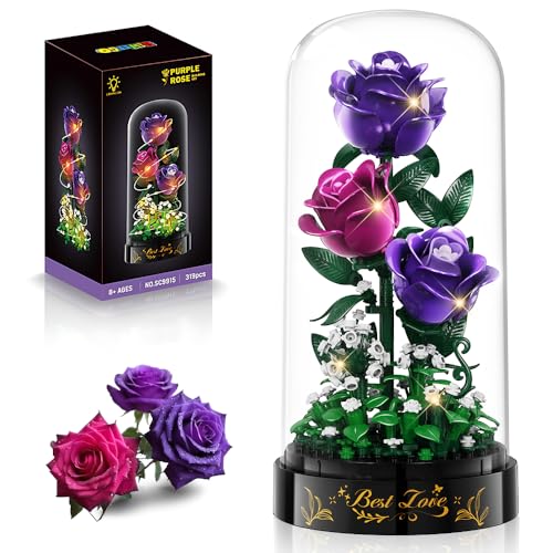 HiWEEGO Blumen Rosen Bausatz mit LED Licht und Abdeckung – 319 Teile Rosenstrauß Botanische Künstliche Blumenstrauß Baustein Spielzeug für Heim Dekor Geburtstagsgeschenk für Erwachsene Mädchen (Lila) von HiWEEGO