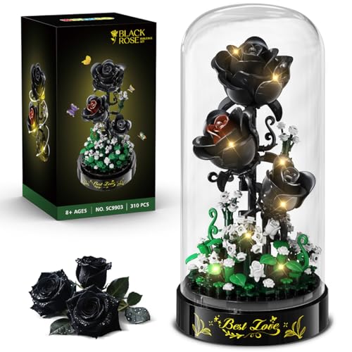 HiWEEGO Schwarzer Rosenstrauß mit LED-Licht, 310 Teile Schwarze Rose Blumen Bauset,Mini Ziegel Blumenstrauß Bauset, Botanische Kollektion Valentinstagsgeschenk für Mädchen, Erwachsene und Frauen HiWEEGO Schwarzer Rosenstrauß mit LED-Licht, 310 Teile Schwarze Rose Blumen Bauset,Mini Ziegel Blumenstrauß Bauset, Botanische Kollektion Valentinstagsgeschenk für Mädchen, Erwachsene und Frauen von HiWEEGO
