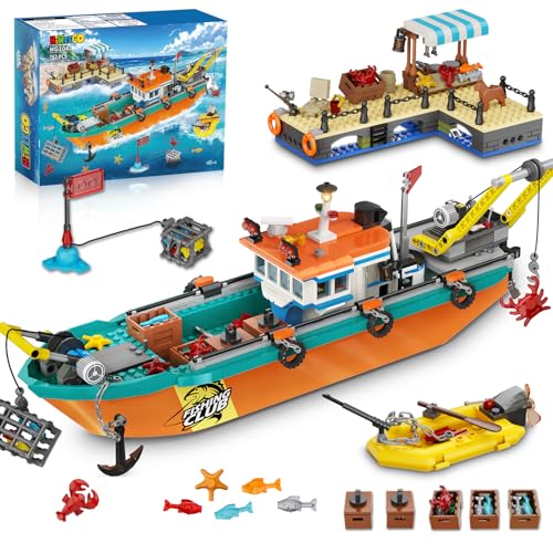 HiWEEGO City Fischerboot Werft Boot Bausatz - Schwimmfähiges Baukasten Ozean Schiffs Baustein mit Schnellboot Kran Containern Spielzeug Geburtstags Geschenk für 6 7 8+ Jungen Kinder Mädchen, 762 Teile von HiWEEGO