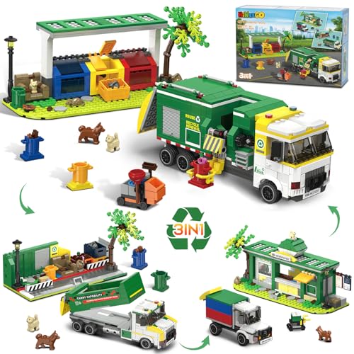HiWEEGO Technik Müllwagen Bauset, 3-in-1 City Müllauto-Modell 811 Teiliges Recycling LKW Baustein Fahrzeuge Spielzeug mit 3 Müllsortierbehältern Geburtstags Geschenk für ab 8-12+ Kinder Jungen Mädchen von HiWEEGO