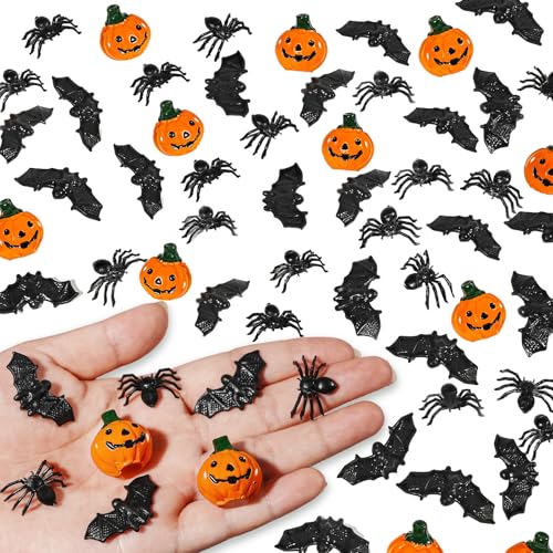 Hiawbon 120 Stück Halloween-Miniatur-Kürbisse, Kunststoff-Fledermaus-Spinnen, Halloween-Mini-Fledermäuse und gefälschte Spinnen, Mini-Kürbis-Modell aus Kunstharz, Ornament für DIY-Feengarten-Zubehör Hiawbon 120 Stück Halloween-Miniatur-Kürbisse, Kunststoff-Fledermaus-Spinnen, Halloween-Mini-Fledermäuse und gefälschte Spinnen, Mini-Kürbis-Modell aus Kunstharz, Ornament für DIY-Feengarten-Zubehör von Hiawbon