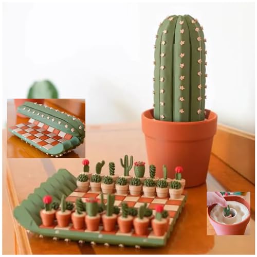 3D Gedrucktes Kaktus Schachspiel mit Roll-up Tragbares Reise-Schachbrett, 3D Printed Cactus Chess Board Set 32-teiliges Set in Blumentopf-Deko (2 Set) von Hiborth