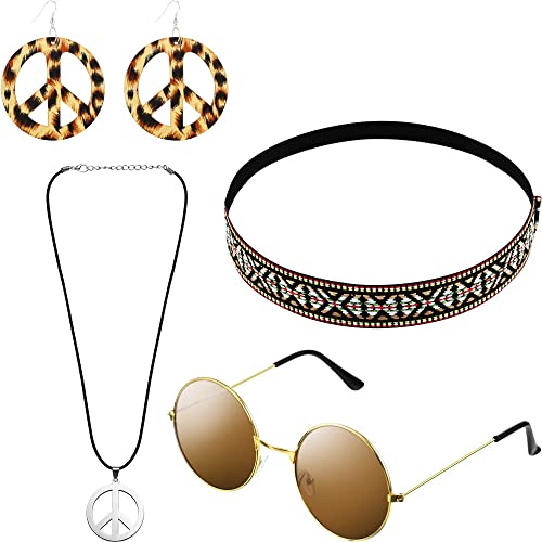 Hippie Kostüm Set mit Sonnenbrille, Stirnband, Friedenszeichen Halskette und Ohrring (Böhmische braune Stil) von HICARER