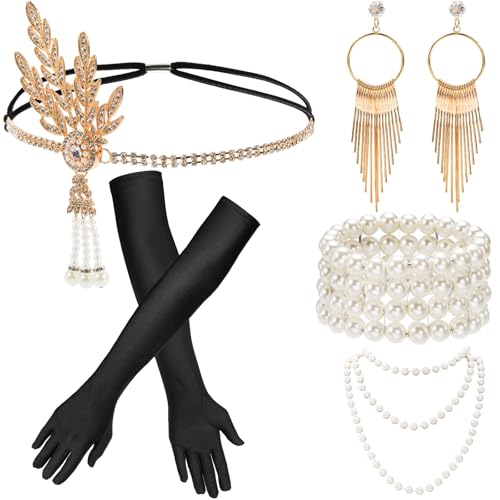 Hiceeden 6 Stück 1920er Jahre Flapper Zubehör für Frauen, brüllende 20er Jahre Great Gatsby Zubehör für Party, Flapper Kostüm Set beinhaltet Stirnband, Halskette, Handschuhe, Ohrringe, Armband, Hiceeden 6 Stück 1920er Jahre Flapper Zubehör für Frauen, brüllende 20er Jahre Great Gatsby Zubehör für Party, Flapper Kostüm Set beinhaltet Stirnband, Halskette, Handschuhe, Ohrringe, Armband, von Hiceeden
