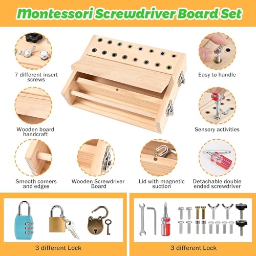 Hiegvor Montessori Spielzeug ab 3 4 5 Jahre, Motorikspielzeug Holzspielzeug Schraubendreher Busy Board mit Schlüssel und Schloss, Kinderspielzeug Geschenke für Mädchen Junge Hiegvor Montessori Spielzeug ab 3 4 5 Jahre, Motorikspielzeug Holzspielzeug Schraubendreher Busy Board mit Schlüssel und Schloss, Kinderspielzeug Geschenke für Mädchen Junge von Hiegvor