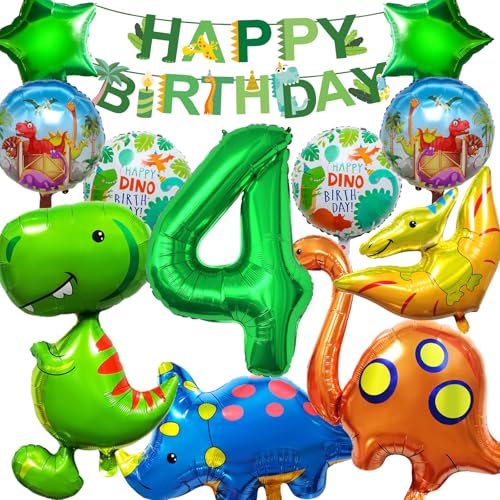Hierein Dino Kindergeburtstag Deko 4 Jahre, 12 Stück Grüner Luftballons Deko Geburtstag, XXL Dinosaurier Ballons Geburtstagsdeko Jungen für 4 Jahre Geburtstag Kinder, Party Dekoration von Hierein
