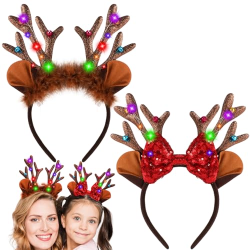 2 Stück Rentier Haarreif LED Erwachsene Kinder,Geweih Haarreif Haarreifen Weihnachten Weihnachts Accessoires Led Haarschmuck von Hifot