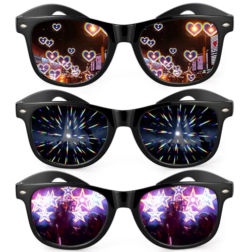 3 Stück Diffractions Party Brille, mit 3D Prisma Herz Stern Effekt, Lustige Brillen Brechungsbrillen Herz Brille Effekt, Rave Brille Herren Damen für Nacht EDM Feuerwerk Show Karneval Party Club von Hifot