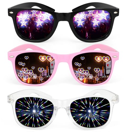 3 Stück Diffractions Party Brille, mit 3D Prisma Herz Stern Effekt, Lustige Brillen Brechungsbrillen Herz Brille Effekt, Rave Brille Herren Damen für Nacht EDM Feuerwerk Show Karneval Party Club von Hifot