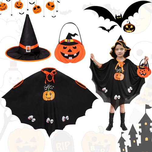 3 Stück Halloween Kostüm Kinder , Fledermaus Umhang Schwarz mit Hexenhut Und Kürbis Tasche für Kinder, Fledermaus Kostüm Kinder Hexenkostüm, Kürbis Outfit Kinder für Karneval Halloween Cosplay Party 3 Stück Halloween Kostüm Kinder , Fledermaus Umhang Schwarz mit Hexenhut Und Kürbis Tasche für Kinder, Fledermaus Kostüm Kinder Hexenkostüm, Kürbis Outfit Kinder für Karneval Halloween Cosplay Party von Hifot