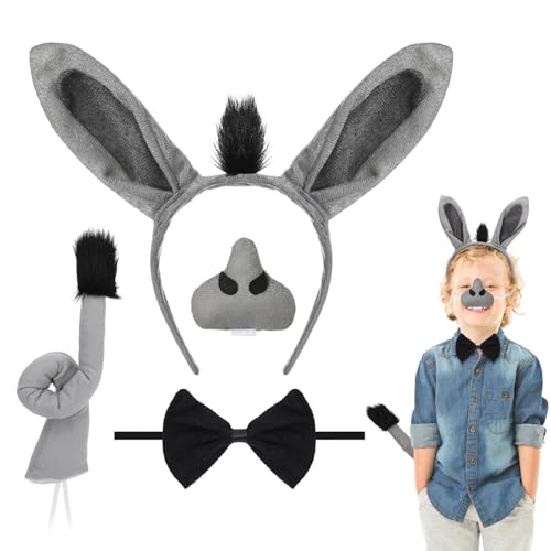 4 Stück Esel Kostüm Erwachsene Kinder Set, Esel Ohren Haarreif Schwanz Nase Fliege, Eselkostüm Zubehör Tierkostüm Erwachsene Kinder für Halloween Karneval Fasching Thema Party Weltbuchtag Cosplay 4 Stück Esel Kostüm Erwachsene Kinder Set, Esel Ohren Haarreif Schwanz Nase Fliege, Eselkostüm Zubehör Tierkostüm Erwachsene Kinder für Halloween Karneval Fasching Thema Party Weltbuchtag Cosplay von Hifot