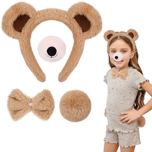 4Stk Bären Kostüm Zubehör, Bären Ohren Haarreif und Schwanz Nase Fliege Set, Bär Verkleidung Outfit Tier Kostüm Zubehör für Kinder Erwachsene für Cosplay Halloween Karneval Geburtstag Thema Party von Hifot