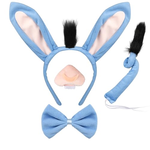 4Stk Esel Kostüm Set, Esel Ohren Haarreif und Schwanz Nase Fliege Set, Esel Tier Verkleidung Outfit Tier Kostüm Zubehör für Kinder Erwachsene für Cosplay Halloween Karneval Geburtstag Thema Party von Hifot