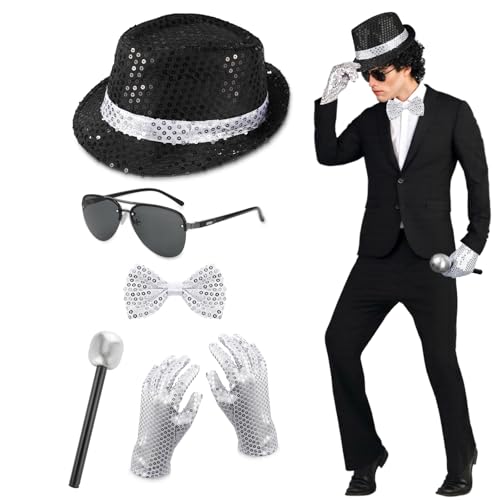 5STK MJ Kostüm Zubehör für Erwachsene Kinder, Pailletten Hut Fake Mikrofon Sonnenbrille Glitzer Fliege Handschuhen, Glitzer Outfit Disco Kostüm 70s Popstar Rockstar Karneval Halloween Cosplay Zubehör von Hifot