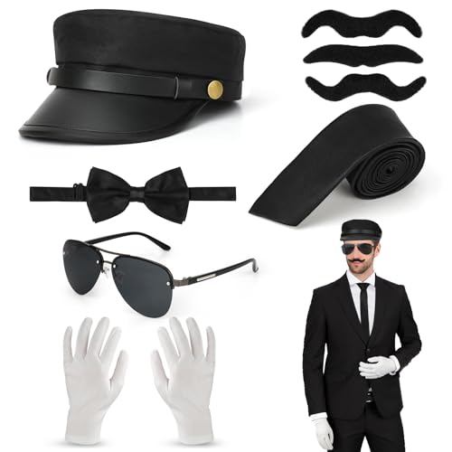 6 STK Chauffeur Kostüm Zubehör Set, Chauffeur Mütze Sonnenbrille Schnurrbart Fliege schwarz krawatte weiße handschuhe, 1980er Jahre Taxifahrer Kostüm Zubehör für Cosplay Halloween Karneval Mottoparty 6 STK Chauffeur Kostüm Zubehör Set, Chauffeur Mütze Sonnenbrille Schnurrbart Fliege schwarz krawatte weiße handschuhe, 1980er Jahre Taxifahrer Kostüm Zubehör für Cosplay Halloween Karneval Mottoparty von Hifot