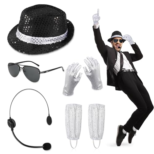 7STK MJ Kostüm Zubehör für Erwachsene Kinder, mit Paillettenhut Kopfmikrofon Sonnenbrille Pailletten handschuhen Silbersocken, Disco Kostüm 80s Tänzer Rockstar Popstar Sänger Halloween Cosplay Zubehör von Hifot