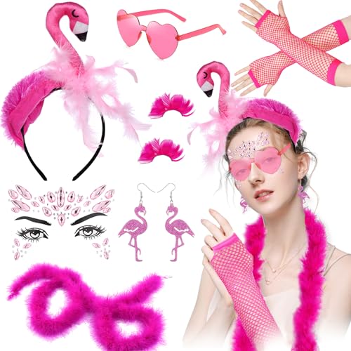 Flamingo Kostüm Damen Feder Kopfband Flamingo Haarreif Ohrringe Herz Sonnenbrille Dünn Federboa Rosa Wimpern lang Netzhandschuhe Fingerlos Netzhandschuhe Tropisches Party Outfit Halloween Karneval von Hifot