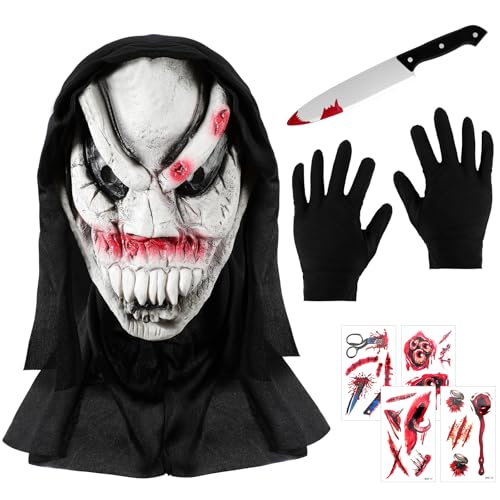 Gruselige Masken mit Spielzeug Messer, Silikon Masken Horror Kostüm Erwachsene Kinder Wunden Narben Tattoo Halloween Zubehör, Schwarze Handschuhe Cosplay Kostüm Karneval Gruselige Masken mit Spielzeug Messer, Silikon Masken Horror Kostüm Erwachsene Kinder Wunden Narben Tattoo Halloween Zubehör, Schwarze Handschuhe Cosplay Kostüm Karneval von Hifot