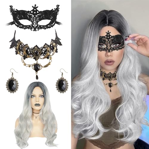 HIFOT 4PCS Grau Lang Wellte Lockig Perücke Frauen Kostüm, Perücke mit Gotisch Halskette Venezianische Masken Schwarz Kristall Ohrringe Hängend Hexenkostüm Damen für Halloween Karneval Cosplay Karneval HIFOT 4PCS Grau Lang Wellte Lockig Perücke Frauen Kostüm, Perücke mit Gotisch Halskette Venezianische Masken Schwarz Kristall Ohrringe Hängend Hexenkostüm Damen für Halloween Karneval Cosplay Karneval von Hifot