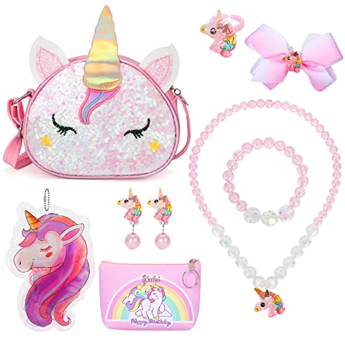 HIFOT 8 Stk Einhorn Tasche Mädchen Schmuckset Haarspangen Mädchen, Umhängetasche Mädchen Armband Kinder Mädchen Halskette Mädchen Ohrclips Mädchen Ringe Mädchen Einhorn Geschenke Für Mädchen 4-8 Jahre von Hifot