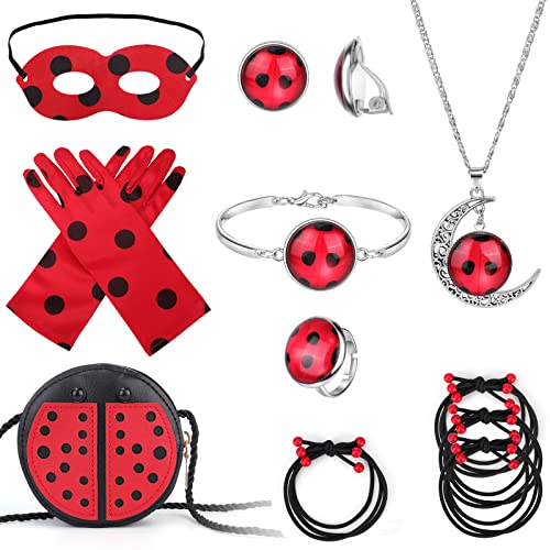 HIFOT Ladybug Kostüm Zubehör Set, Lady Bug Maske Handschuhe Tasche Haarbänder Halskette Ohrring Rollenspiel , Rot Schwarz Verkleidung Mädchen Halloween Karneval Kinder von Hifot