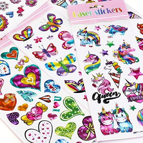 HIFOT 10 Blätter Süß Laser Sticker für Kinder, Stickerbuch Mädchen Aufkleber Kindergarten Freundebuch Fotoecken Stickerbuch Fotokalender, Tierische Einhorn-Meerjungfrau-Blumenaufkleber(Zufällig) von Hifot