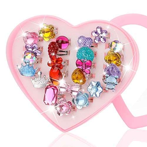 Hifot Prinzessin Schmuck Verstellbare Ringe für Mädchen 24 Stück, Girl Dress Up Fingerringe für Mädchen mit Herzformkasten (zufällig) von Hifot