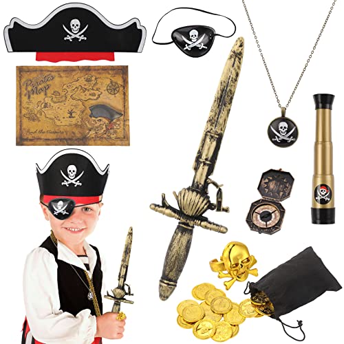 Hifot 29 Stück Piraten Kapitän Kostüm Accessoires Set Piraten Hut Kompass Geldbeutel Augenklappe Piraten Kappe Zubehör Kinder Erwachsene für Halloween Party Rollenspiel von Hifot