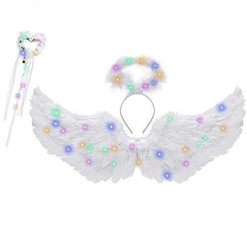 Hifot 3 Stück LED Engel Kostüm Damen Kinder, Leuchtend EngelFlügel Engel Haarreif und Zauberstab Engel Teufel Kostüm für Kinder Erwachsene Weihnachten Halloween Karneval von Hifot
