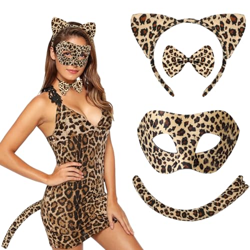 Hifot 4 STK Leoparden Kostüm Set, Leoparden Ohren Haarreif Leoparden Schwanz und Maske Fliege Set, Leoparden Kostüm Damen Kinder Leopard Tier Kostüm Zubehör für Cosplay Halloween Karneval Thema Party Hifot 4 STK Leoparden Kostüm Set, Leoparden Ohren Haarreif Leoparden Schwanz und Maske Fliege Set, Leoparden Kostüm Damen Kinder Leopard Tier Kostüm Zubehör für Cosplay Halloween Karneval Thema Party von Hifot