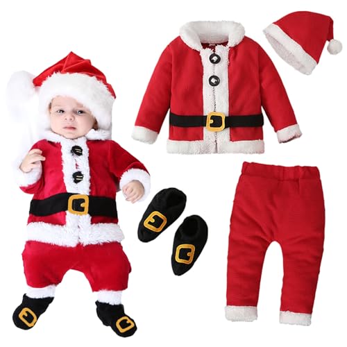 Hifot 4 Stück Baby Weihnachtsoutfit Junge Mädchen Weihnachten Fleece Warm Santa Jacken +Hose+Weihnachtsmütze+Socken Neugeborene Weihnachtskleid Weihnachtskostüm von Hifot